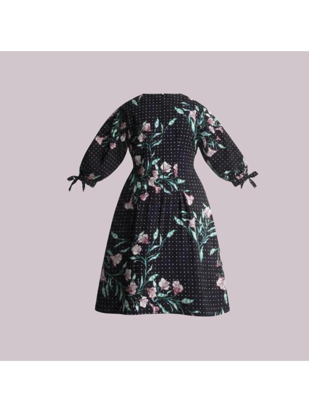 Black Floral Midi Dress with Balloon Sleeves and Tie Cuffs - Picture 2 of 3